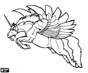 Unicorn flying with big wings coloring page