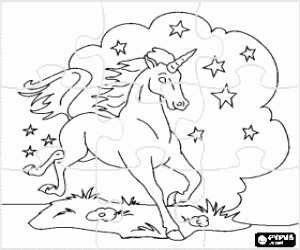 Unicorn puzzle - Puzzlle of Young horse with a spiral horn coloring page