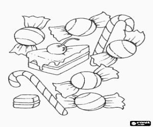 Various candies or sweets - Candies, candy sticks and a piece of cake coloring page