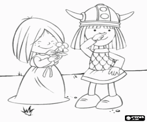 Vicky the Viking or rubbing his nose while thinking alongside his best friend, Ylvi coloring page