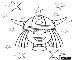 Vicky the Viking smiling with his helmet with horns and between stars coloring page