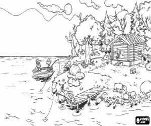 View from the shore of a lake with a dock, a cottage and some fishermen coloring page