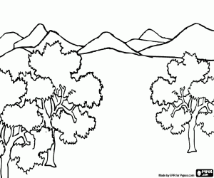 View from the top with trees in the foreground and mountains in the background coloring page