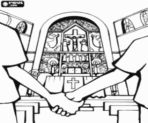View of a wedding in a church with the altar at the bottom coloring page