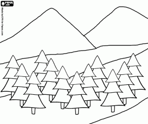 View of two mountains with a foreground of trees coloring page