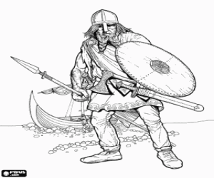 Viking disembarking of his boat completely armed and with the shield and the lance in the hands coloring page