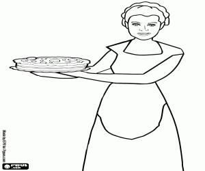 Waitress smiling with a cake in hand coloring page