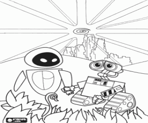 Wall-e and Eve happy, hand in hand, under a radiant sun coloring page