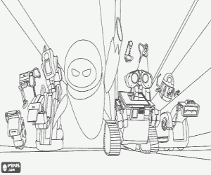 Wall-E, Eva and its friends coloring page