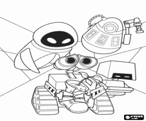 WALL-E, EVE, PR-T and M-O in Axiom with the plant born in a boot coloring page