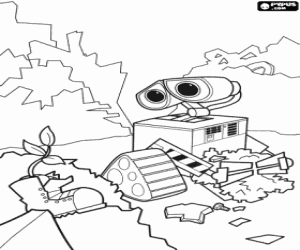 Wall-e in its work of cleaning the Earth discovers a plant in a boot coloring page