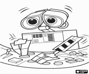Wall-e overwhelmed touching the controls of the spaceship coloring page