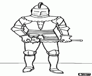Warrior protected with armor and helmet and armed with a mace weapon or morning star coloring page