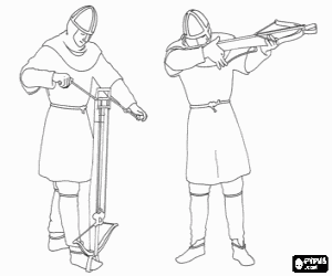 Warriors or soldiers with helmets loading and shooting a crossbow coloring page