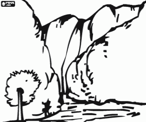 Waterfall in the mountains with a tree in the foreground coloring page