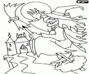 Wicked witch or evil witch in her magic broom flying toward the castle on a full moon night coloring page