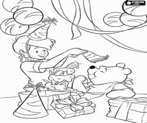 Winnie The Pooh and Christopher Robin in a birthday party with cake, balloons, paper hat and gifts coloring page