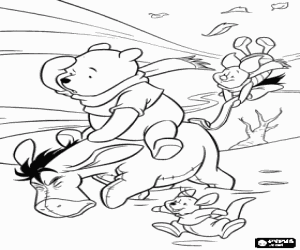 Winnie The Pooh and his friends moving against the strong wind coloring page