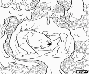 Winnie The Pooh collecting honey from inside a beehive coloring page
