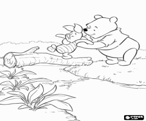 Winnie The Pooh helping Piglet to cross the stream via a trunk coloring page