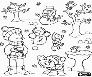 Winter landscape with child, dog and snowman, all well-sheltered coloring page