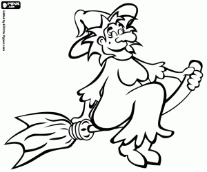 Witch flying in her magic broomstick on the night of Halloween coloring page