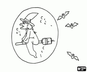 Witch flying on her magic broom in front of the full moon followed by bats coloring page