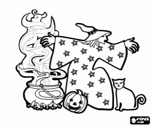 Witch in the Halloween night with the boiling cauldron, the pumpkin and the cat coloring page