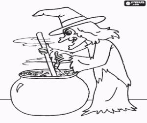 Witch preparing a magic potion with the weird ingredients like worms coloring page
