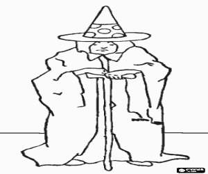Witch with cone-shaped hat and leaning on a stick coloring page