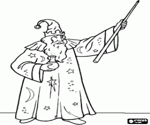 Wizard, magician or sorcerer with the magic potion and the wand coloring page