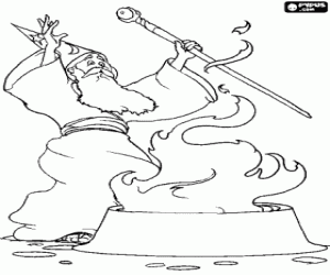 Wizard or sorcerer with the magic fire with the wand and the hat-shaped cone coloring page