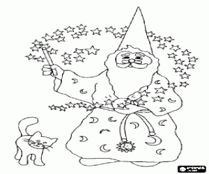 Wizard with his cat and the wand in action coloring page