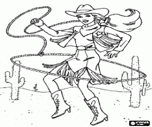 Woman cowboy handling the lasso in the desert between the cactus coloring page
