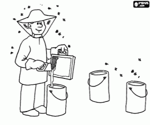 Worker collecting the honey from the bees in various containers coloring page