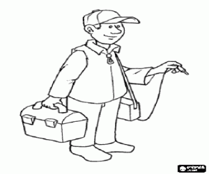 Worker or electrician with the toolbox and the multitester or multimeter in hand coloring page