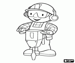 Worker working with the mechanical hammer equipped with helmet, goggles and anti-noise earplugs coloring page