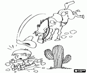 Young cowboy on the ground after being thrown from the saddle for his horse coloring page