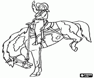 Young cowboy riding a horse rider on the front legs coloring page