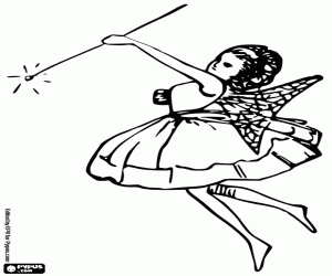 Young fairy with magic wand in action coloring page