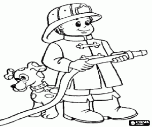 Young firefighter with the hose ready with his dog coloring page