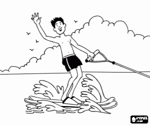 Young man waving the hand while engaging in recreational water skiing coloring page