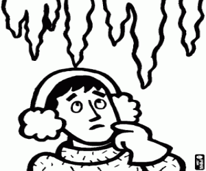 Young man with thermal earmuffs looking at the icicles coloring page
