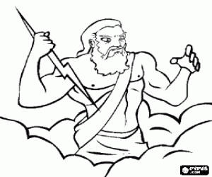 Zeus, the greek god of sky and thunder and the king of olympic gods, among the clouds with a lightning in his hand coloring page