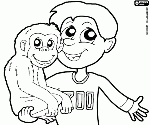 Zookeeper with a monkey in his arms coloring page