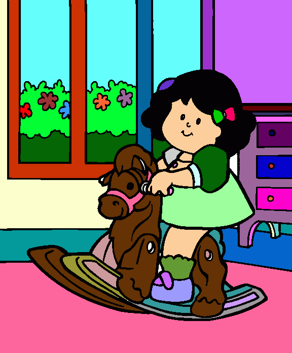 A girl playing with a rocking horse coloring page