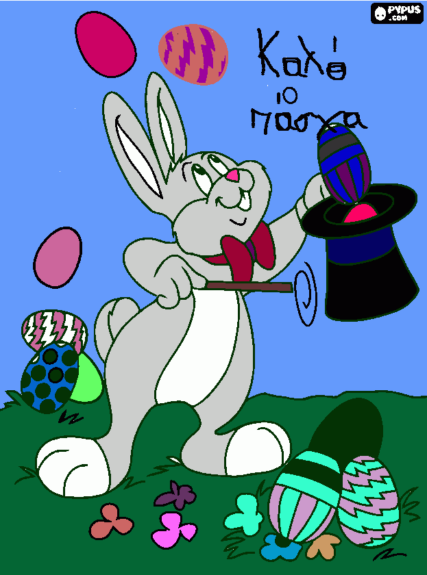A magician rabbit pulling our Easter eggs from the top hat colouring page coloring page