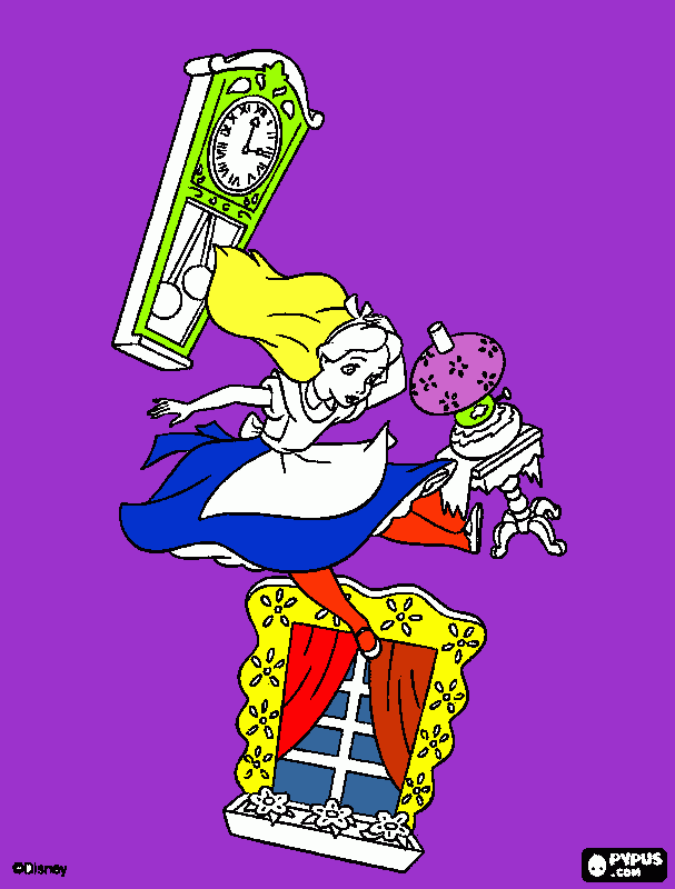 alice falling down the rabbit hole passing a white rabbit with a watch that can stand up, then falling down the rabbit hole coloring page