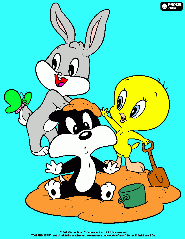 Baby bugs bunny,tweety and selvester at beach coloring page