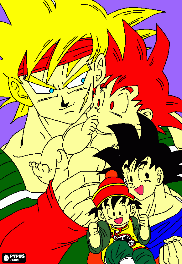 Bardock w/baby goku and goku w/baby gohan o 3o coloring page